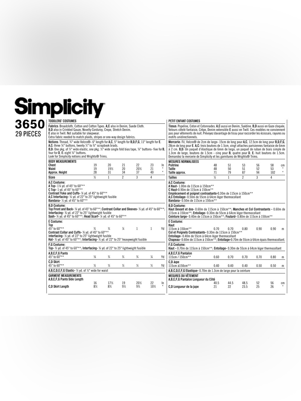🪡 SIMPLICITY Child Costumes Sewing Pattern 3650 - Picture 3 of 8